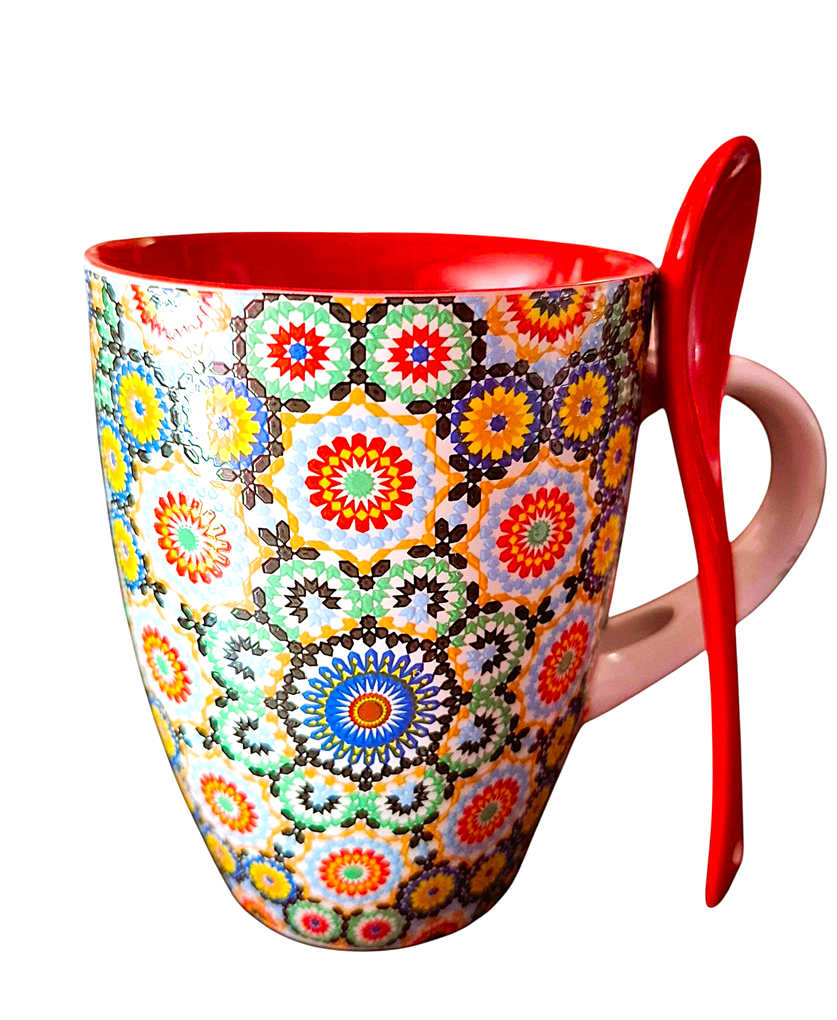 Marokański, ceramiczny KUBEK z łyżeczką -Mozaika Barw Tradycji i Magii Orientu